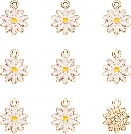 Pandahall 100pcs White Flower Charms Alloy Enamel Pendants Mini Daisy Beads Light Gold Plated Dan... | Amazon (US)