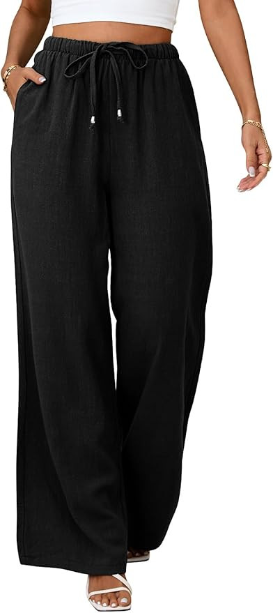 Womens Linen Pants High Waisted Wide Leg Pants Summer Palazzo Pants Casual Flowy Pants Drawstring... | Amazon (US)