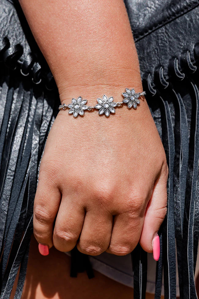 Cooler Than Me Silver Rhinestone Flower Bracelet | Pink Lily