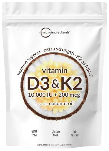 Micro Ingredients Vitamin D3 10,000 IU + K2 MK-7 200 mcg, 180 Softgels with Virgin Coconut Oil | 2-in-1 Vitamins D & K Complex | Extra Strength, Easy to Swallow, Non-GMO, Gluten Free | Amazon (US)
