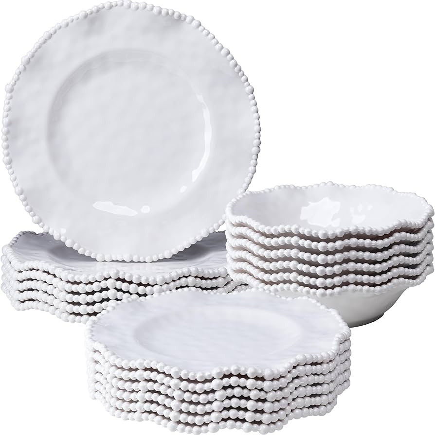 Creamy Beaded Melamine Dinnerware Sets, Set of 6,18 piece Farmhouse Plates and Bowls Set, Lightwe... | Amazon (US)