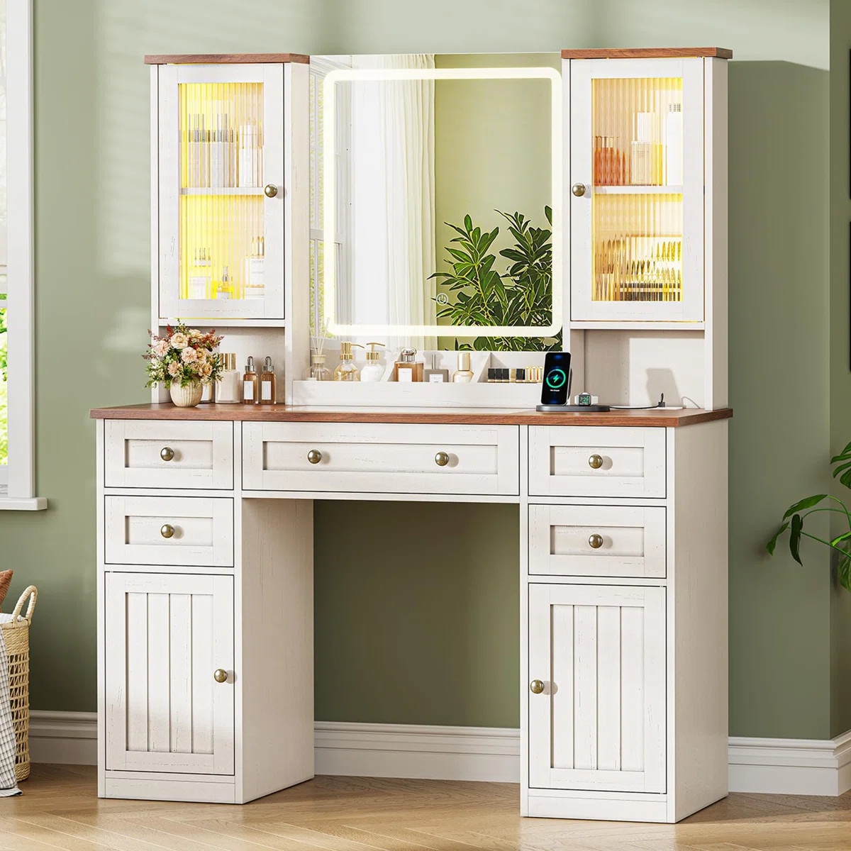 White Vanity Desk with Mirror and Lights 43.3''W Dressing Table for Bedroom Solid Wood Modern Far... | Wayfair North America