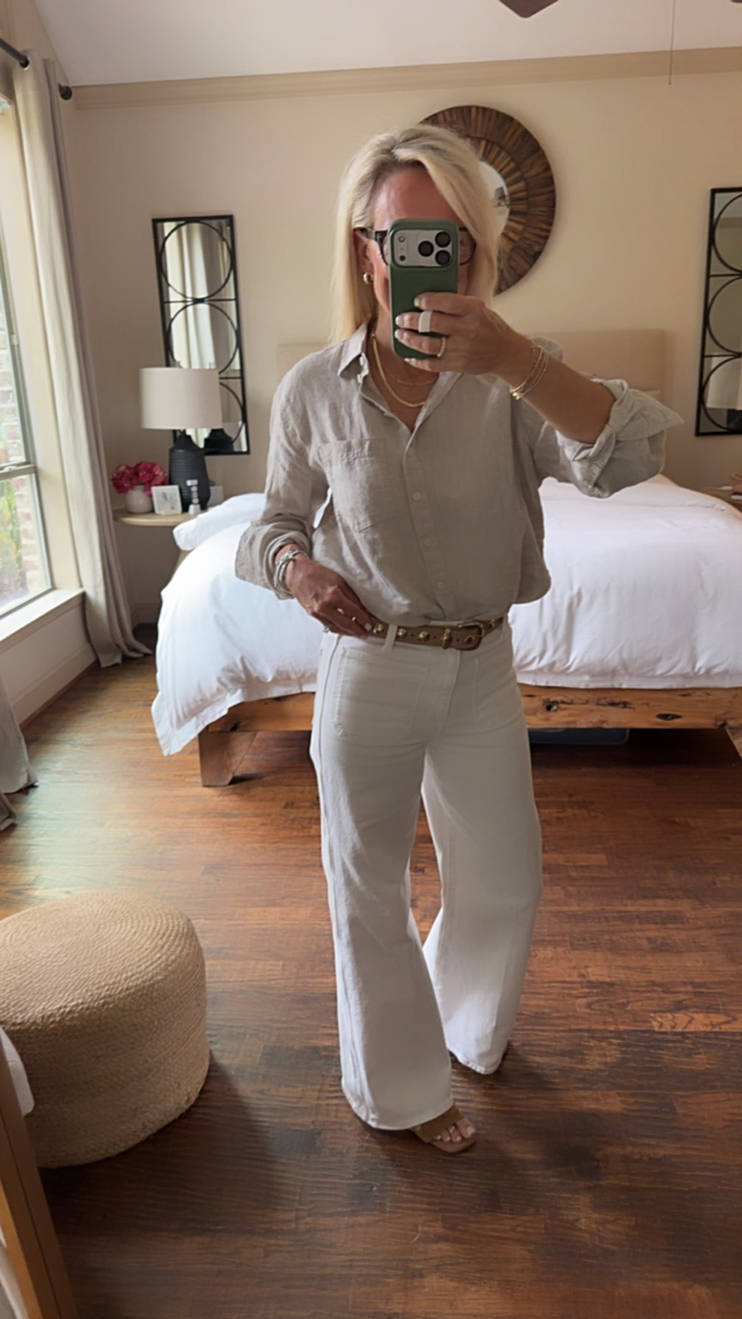 White denim wide leg from @jcrew 

For is tts 
Linen button up is 40% off!!! 
I sized down one size 

Date night 

#LTKTravel #LTKOver40 #LTKSaleAlert