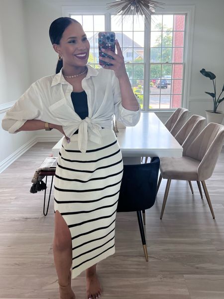 brunch outfit, vacation outfit, or Sunday church outfit. White and black nautical style. High waisted , knit stripped maxi skirt with white button shirt and black under shirt. Paired originally with black sandals. All exact items tagged, wearing SMALL in all items and size 7.5 in sandals  

#LTKunder50 #LTKtravel #LTKU