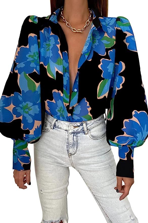 Rolmama Women Puff Long Sleeve Blouses Cover Up Beach Shirt Bathing Suit Button Down Collar Flora... | Amazon (US)