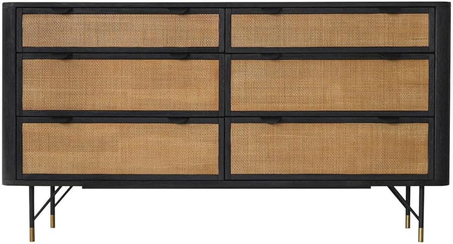 Armen Living Saratoga 6 Drawer Dresser in Black Acacia with Rattan, 61x18x33 inches | Amazon (US)