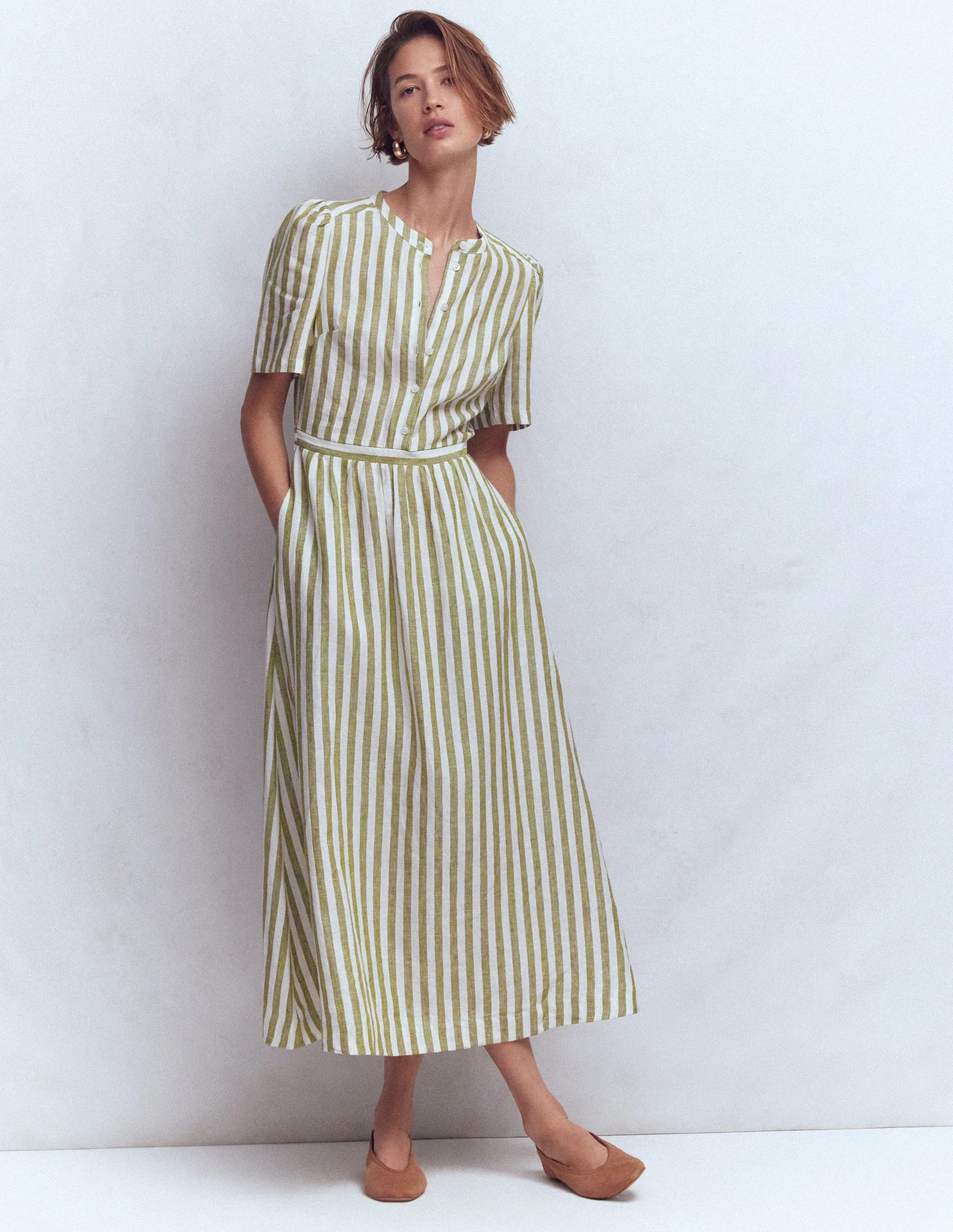 Ivy Linen Midi Dress-Olive, Ivory Stripe | Boden (US)