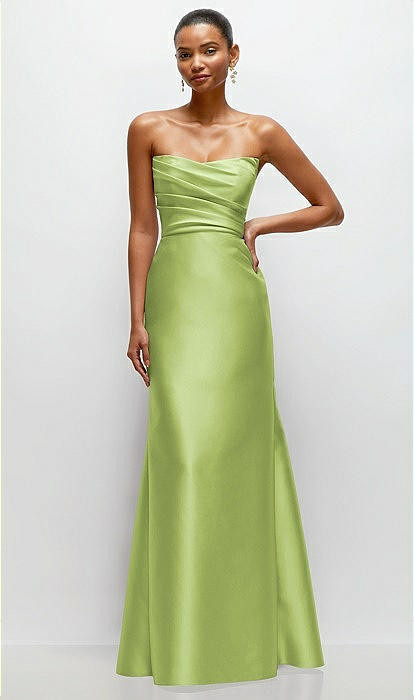 Strapless Cat-Eye Draped Bodice Satin Tumpet Dress in Mojito | The Dessy Group