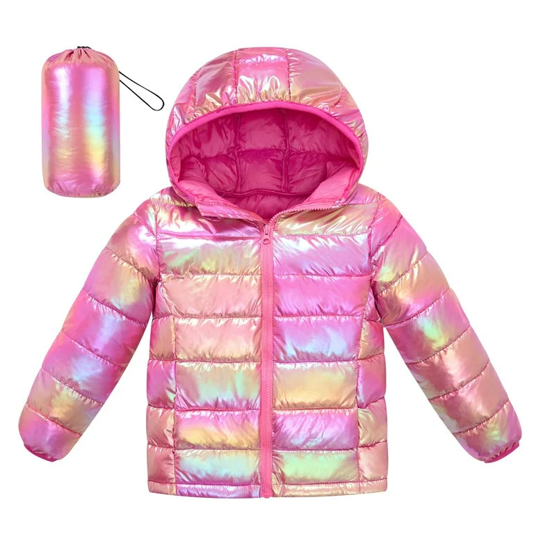 Aideaone Girls Puffer Jacket Packable Lightweight Down-Alternative Hooded Winter Coat Shiny Outer... | Walmart (US)