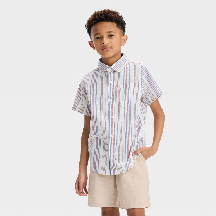 Boys' Short Sleeve Striped Poplin Button-Down Shirt - Cat & Jack™ Blue | Target