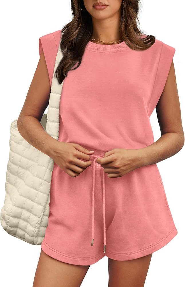 OFEEFAN Rompers for Women Summer Cap Sleeve Adjustable Drawstring Waistband Crewneck Casual Outfi... | Amazon (US)