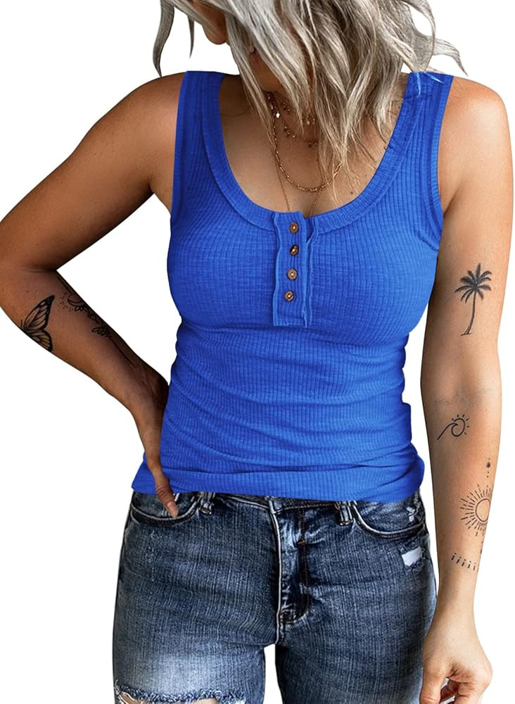 KINLONSAIR Women's Sleeveless Henley Tank Tops Ribbed V Neck Button Down T Shirts Summer Slim Fit... | Amazon (US)