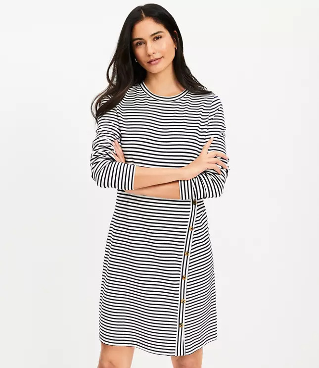 Striped Side Button Long Sleeve Mini Dress | LOFT