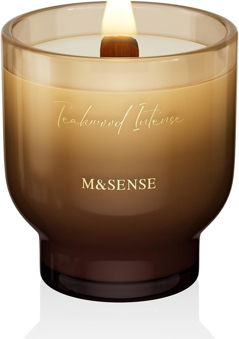 M&SENSE 9.88oz Natural Soy Wax Jar Candle with Wooden Wick | Teakwood Intense Scent | 55-Hour Bur... | Amazon (US)