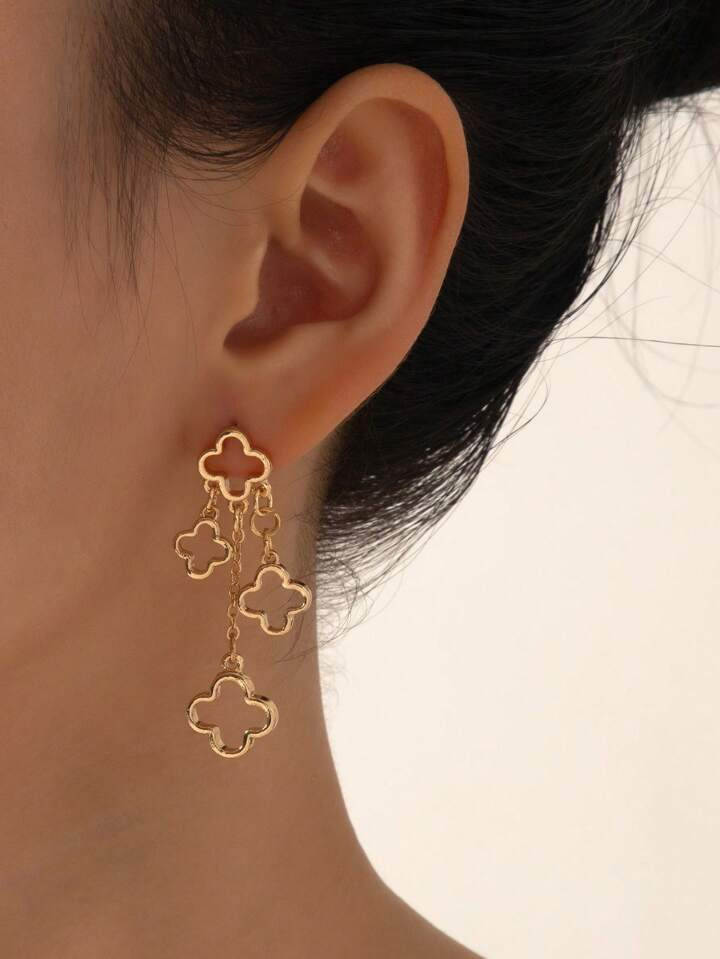 1pair Fashionable Simple Elegant Geometric Hollow Out Four-leaf Clover With Tassel Dangle Earring... | SHEIN
