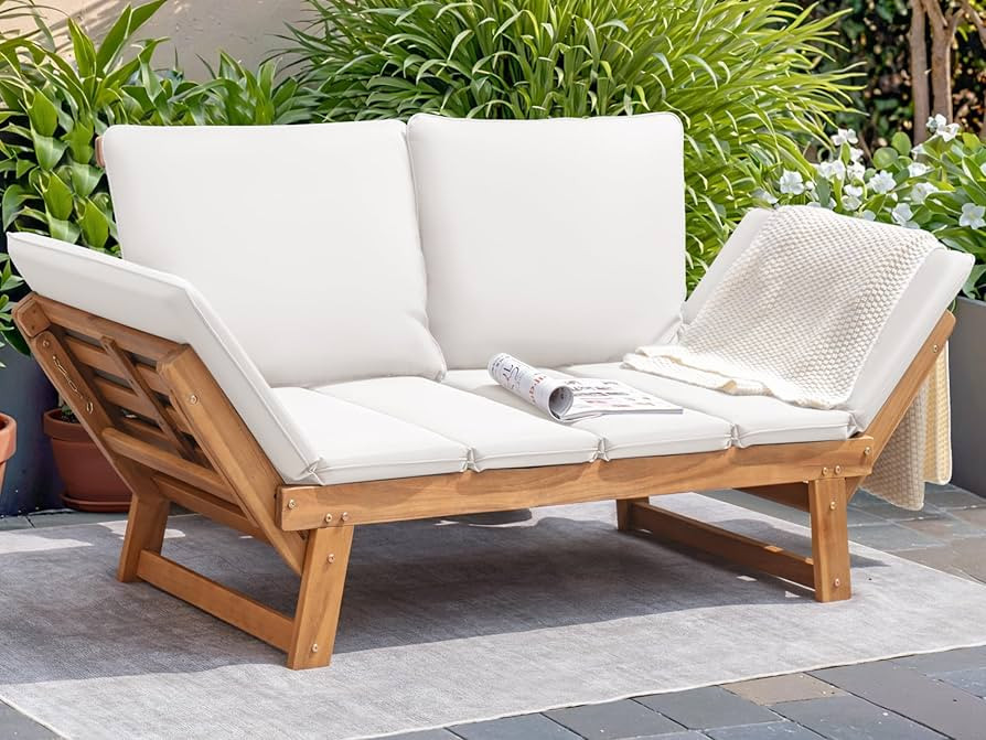 Devoko Outdoor Couch Acacia Wood Patio Couch with Adjustable Armrests, Outdoor Convertible Sofa w... | Amazon (US)