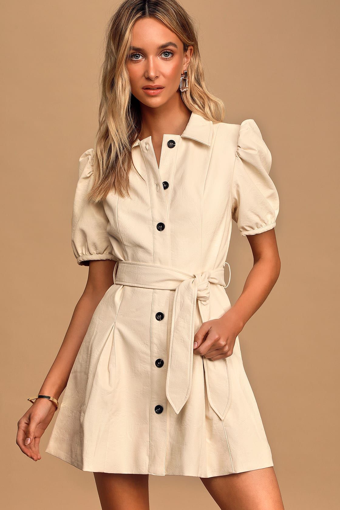 Lelia Cream Vegan Leather Puff Sleeve Button-Front Mini Dress | Lulus