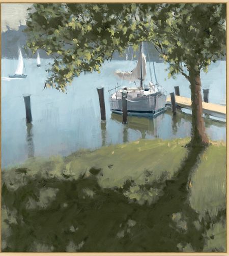 Beautiful wall art, lake scene, boat, blues and greens, traditional art, traditional home.

#LTKhome #LTKstyletip
