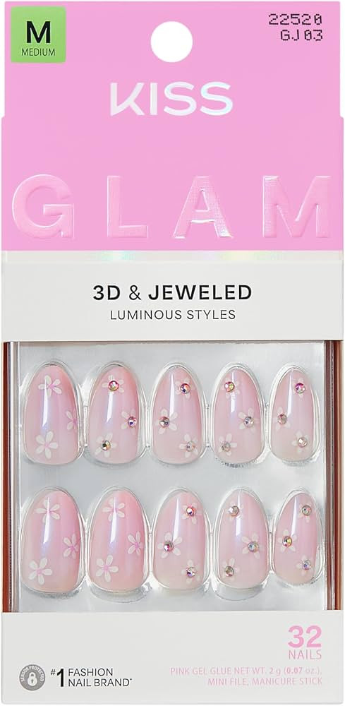 Kiss GLAM, Press On Nails, Nail glue included, 'Breeze of Bliss', White, Medium Size, Almond Shap... | Amazon (US)