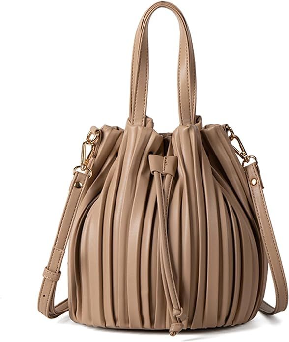 Bucket Bags for Women, Mini Leather Drawstring Crossbody Bucket Purses Pleated Shoulder Handbags | Amazon (US)