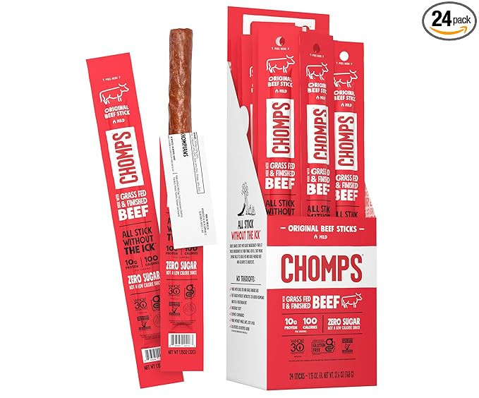 Chomps Grass-Fed and Finished Original Beef Jerky Snack Sticks 24-Pack, Keto, Paleo, Whole30, 10g... | Amazon (US)