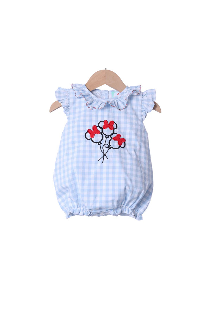 Embroidered Magical Balloon Blue Gingham Ruffle Bubble | The Smocked Flamingo