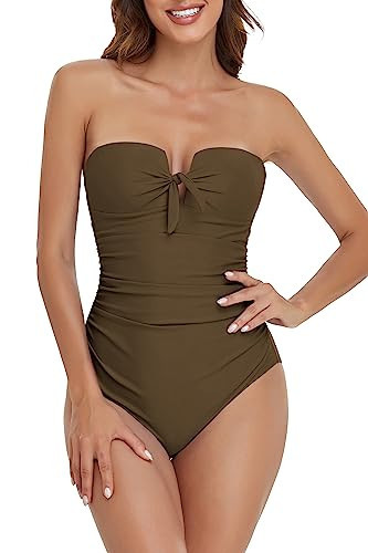 Upopby Women's Sexy Strapless Swimsuits for Women One Piece Tummy Control Bathing Suits Ruchec Slimming Bandeau Swimwear Coffee 10 | Amazon (US)