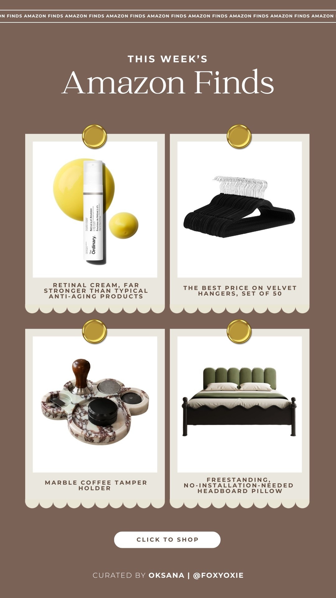 Four fun finds this week on Amazon:
1) retinal cream — far stronger than typical anti-aging products (and affordable!),
2) the best price on velvet hangers, set of 50,
3) a marble coffee tamper holder for your coffee station,
4) freestanding, no-installation-needed headboard pillow.

#LTKHome #LTKSaleAlert #LTKmomlife