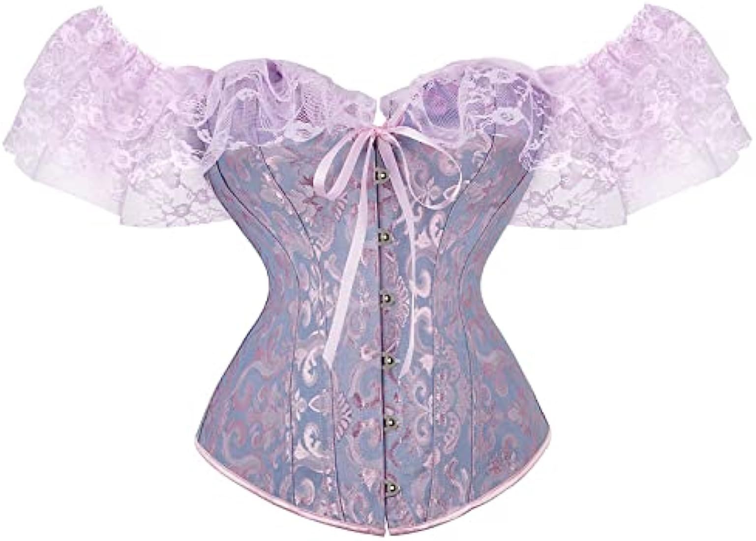 Women Princess Renaissance Corset Lace Ruched Sleeves Elegant Overbust Tops Lace Up Off Shoulder Ove | Amazon (US)