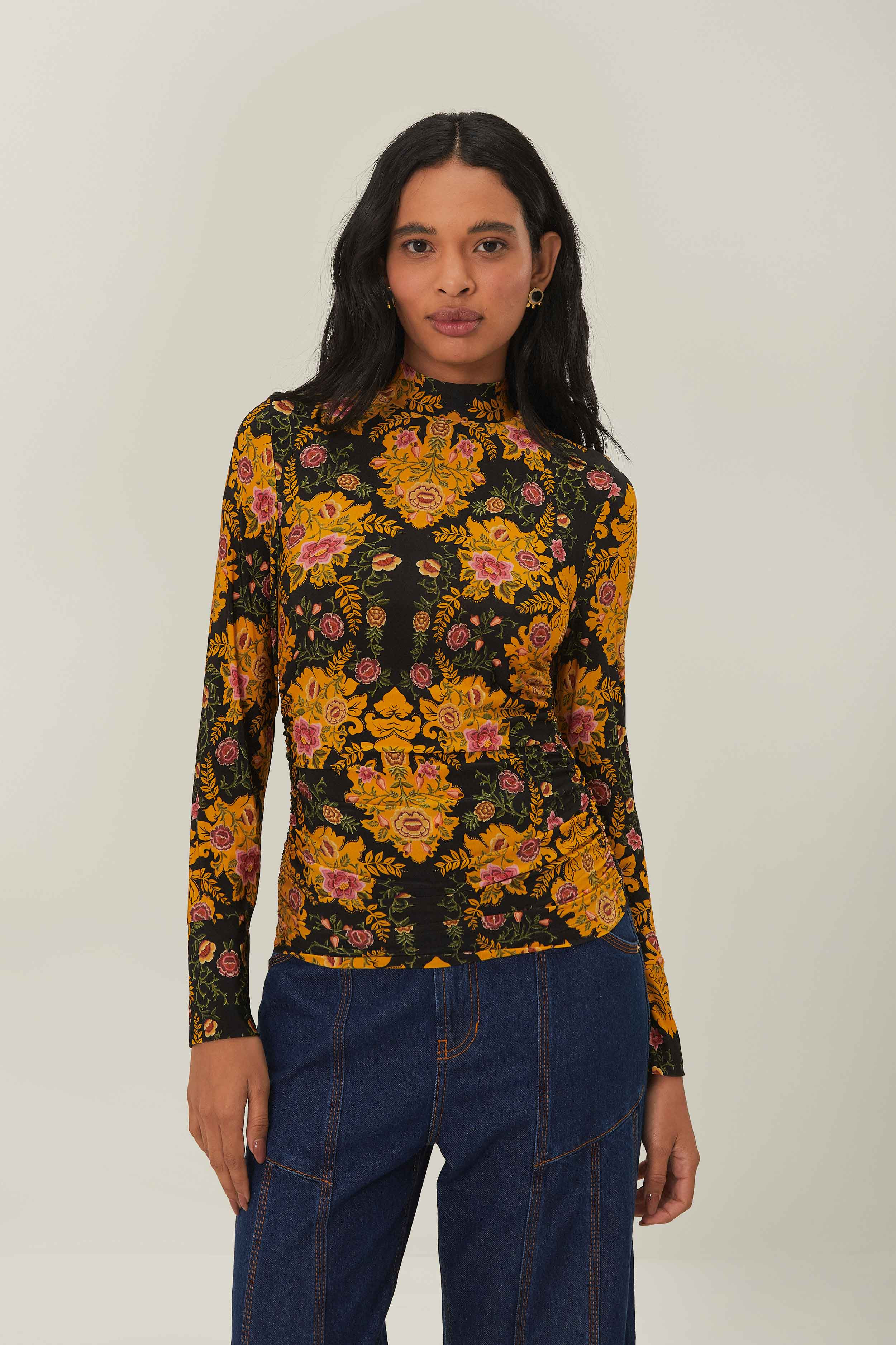 Black Arabesque Floral Jersey Blouse | FarmRio (US)