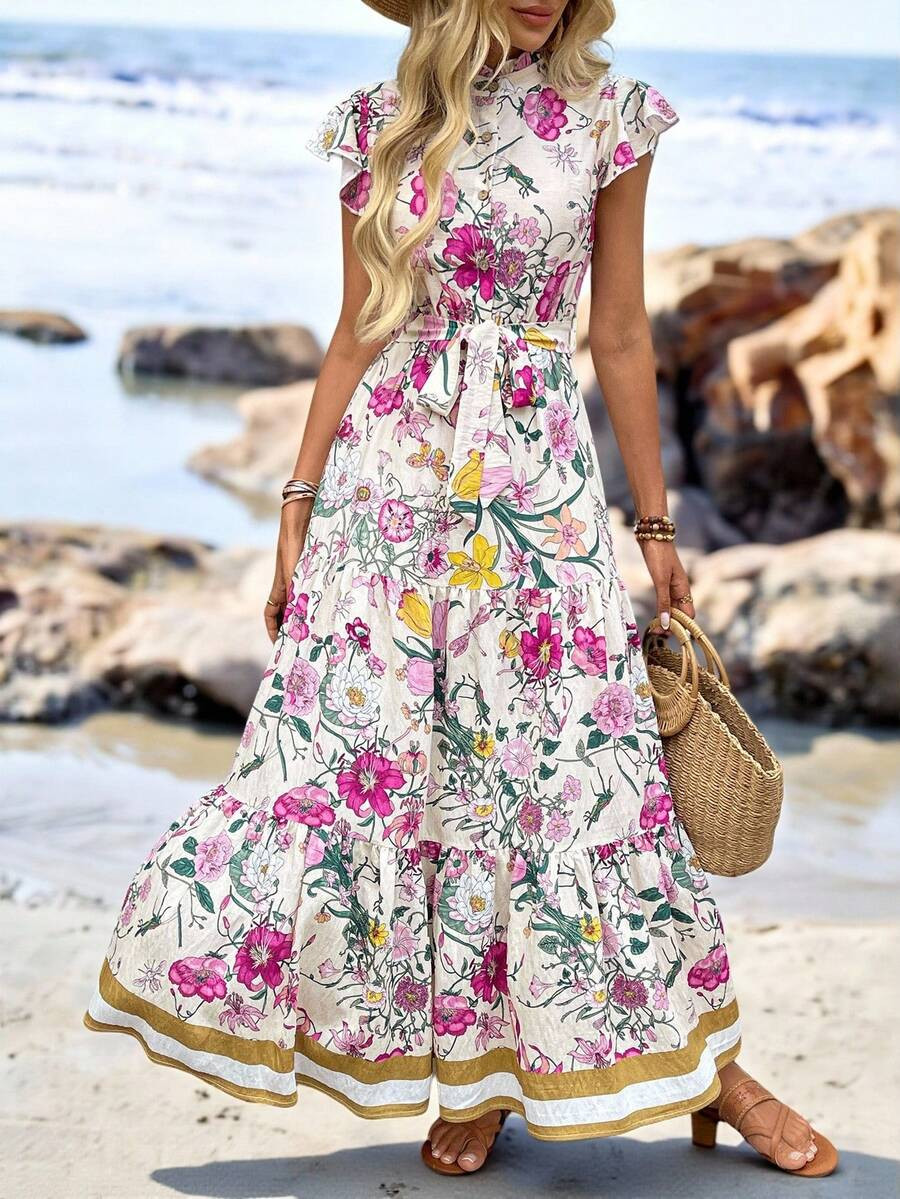 Sylviya Vacation Outfits Woman Floral Print Cap Sleeve Ruffle Hem Dress,Long Dress,Bohemian Cloth... | SHEIN