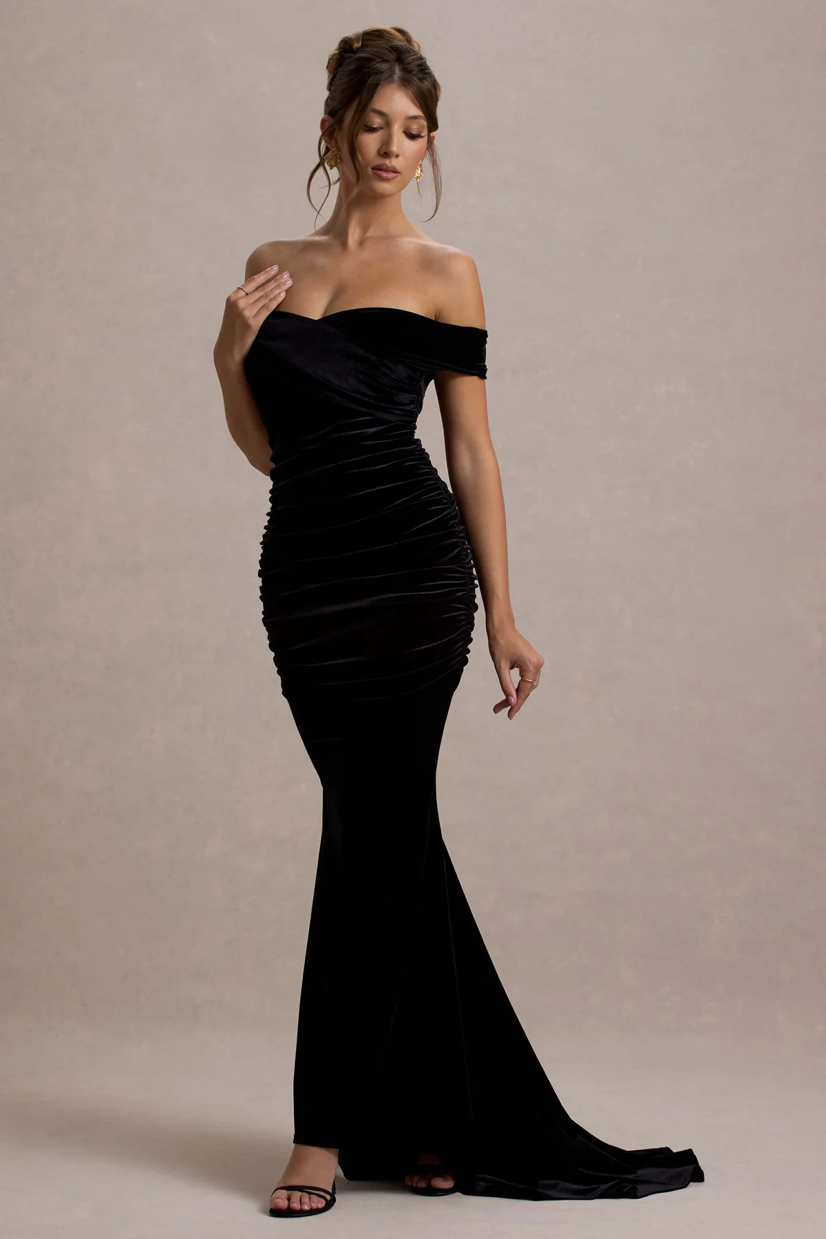 Apolline  Black Velvet Off The Shoulder Ruched Fishtail Maxi Dress | Club L London