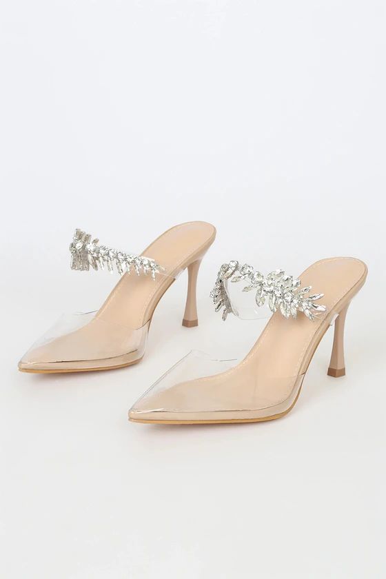 Micaela Light Nude Clear Rhinestone Pointed-Toe Mule Pumps | Lulus (US)