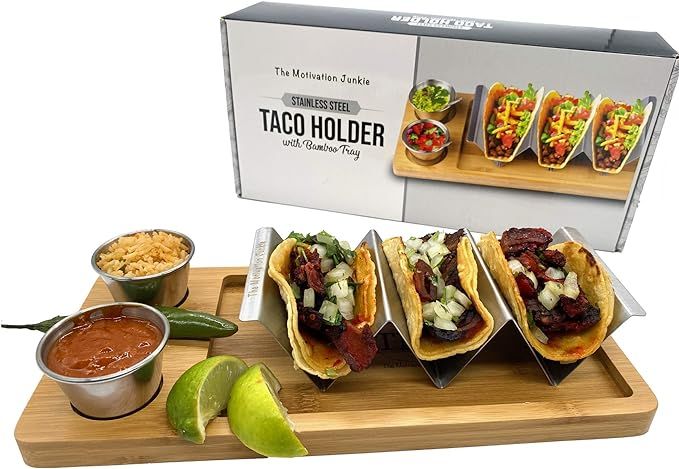 Stainless Steel Taco Stand Holder With Bamboo Tray -Set of 1- Taco Tuesday With Two Sauce Holders... | Amazon (US)