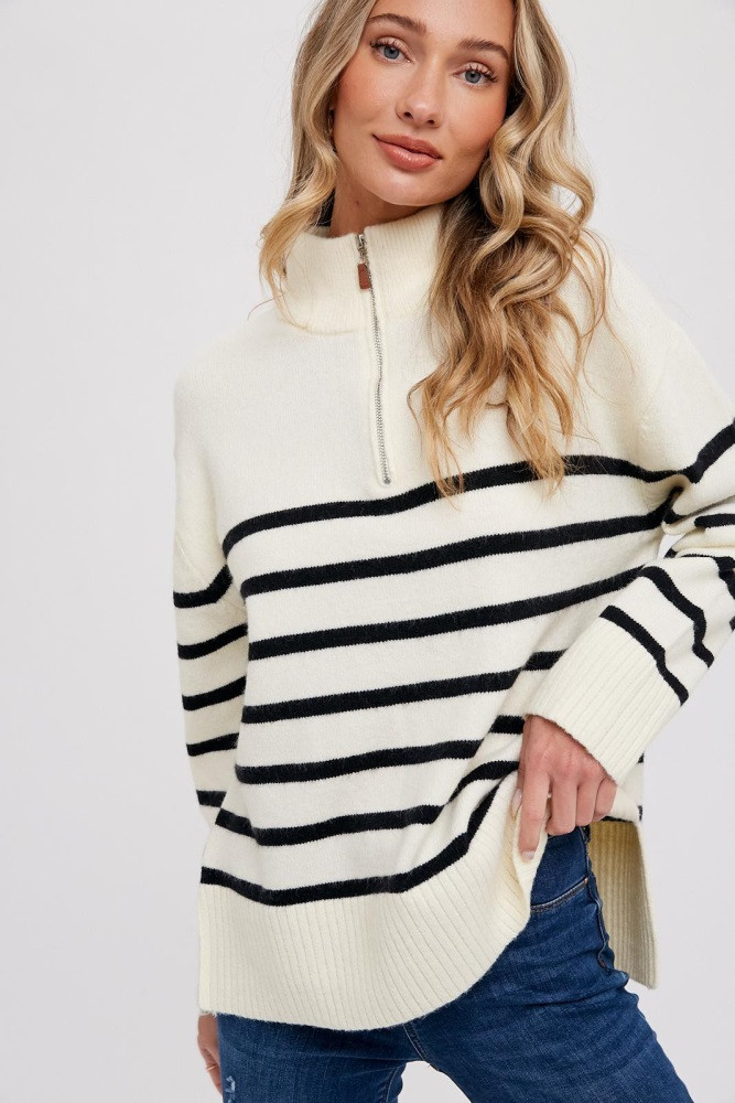 Ivory Striped Half Zip Sweater | PinkBlush Maternity