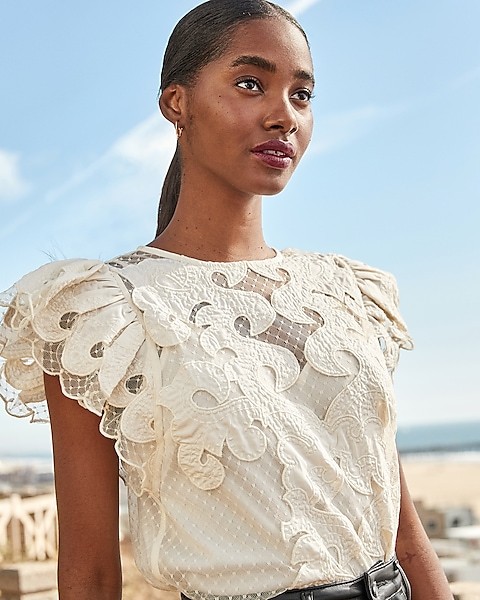 Sheer Lace Short Ruffle Sleeve Top | Express