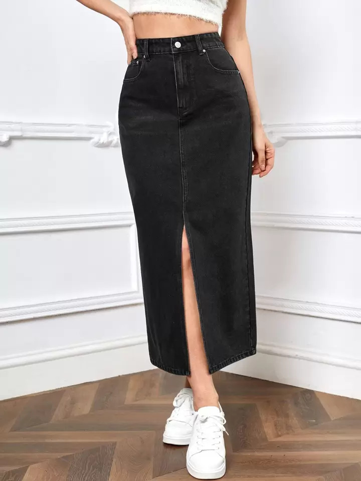 SHEIN EZwear High Waist Slit Denim Skirt | SHEIN