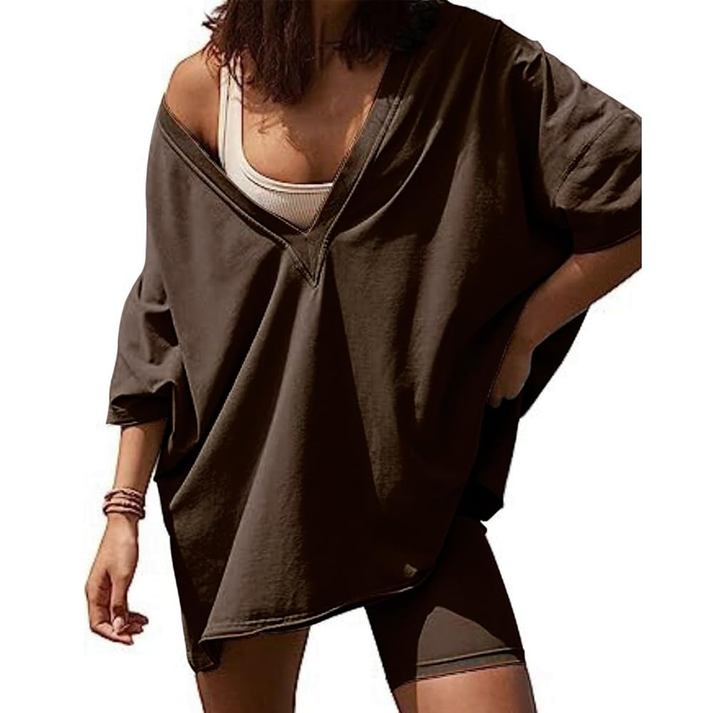VAOYIU Womens 2 Piece Outfits Oversized Hot Shot Reversible Set V Neck T Shirt Biker Shorts Worko... | Amazon (US)