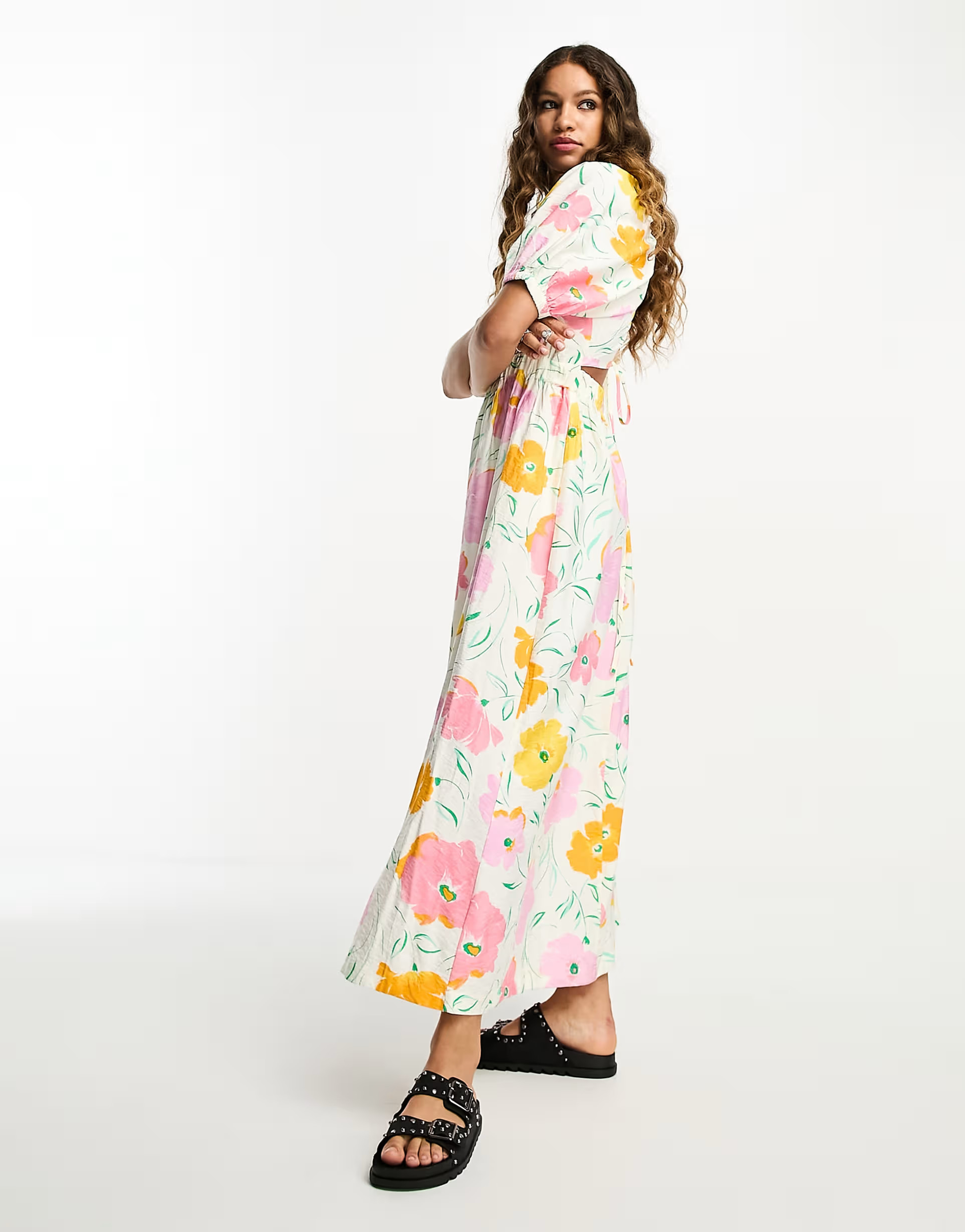 Object cross back maxi dress in pink and yellow floral print | ASOS (Global)