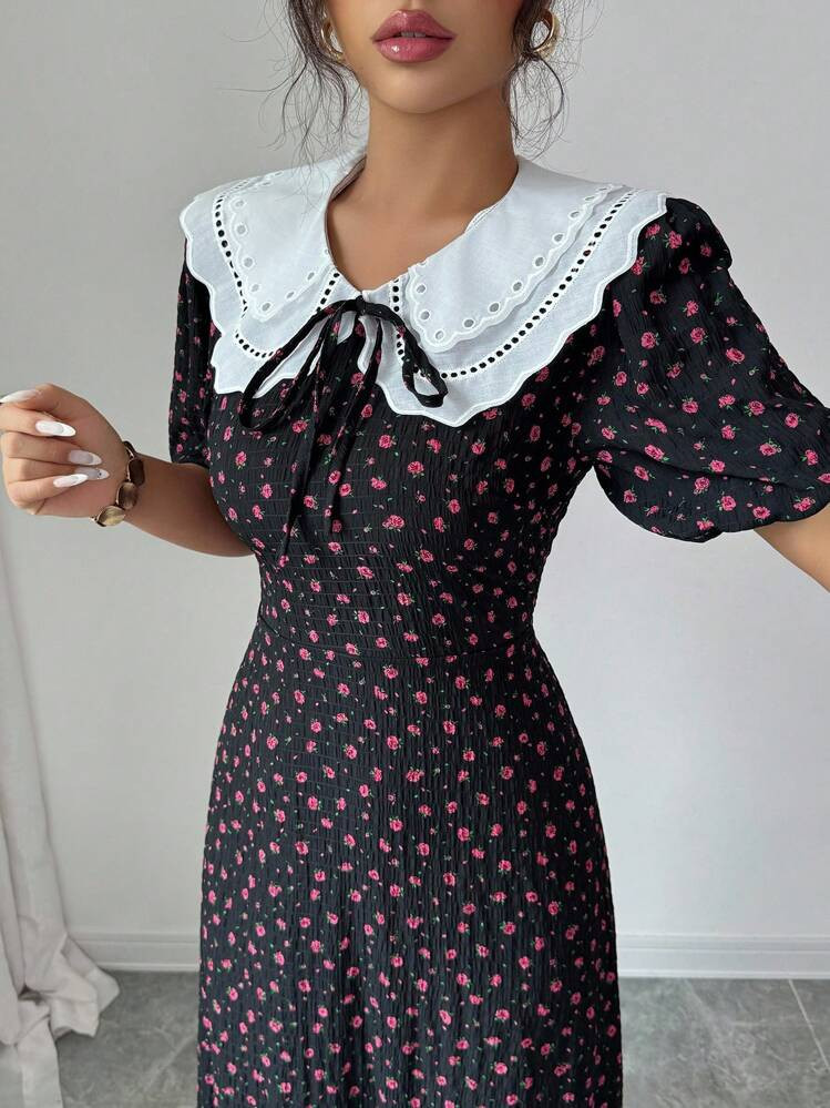 Modelyn French Peter Pan Collar Puff Sleeve Waist Cinch Ditsy Floral Chiffon Casual Summer Dress | SHEIN