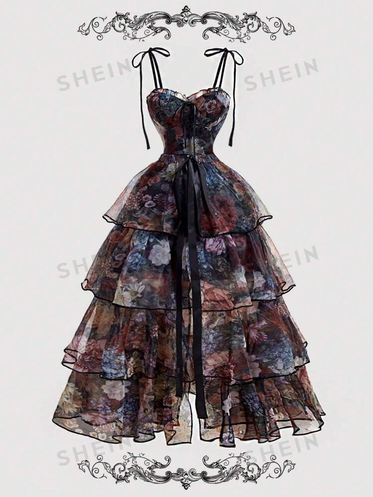 SHEIN MOD Vintage Black Full Body Floral Print Gorgeous 2in1 Dress With Detachable Multiple Skirt... | SHEIN