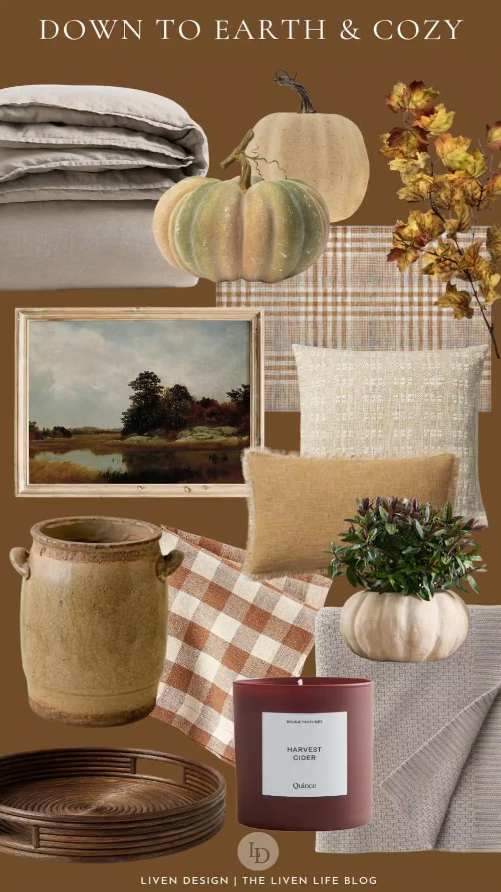 Fall decor. Down to earth. Cozy decor. Textured neutral living room. Decorative pumpkins. Duvet. Landscape painting. Fall stems. Maple leaf stem. Plaid doormat. Checkered gingham plaid napkins. Fringe throw pillows. Earthy vase. Pottery. Decorative tray. Affordable decor. Target decor. Terracotta pumpkin planter. Cozy throw blanket. Quince. Cider candle. 

#LTKSeasonal #LTKHome #LTKSaleAlert