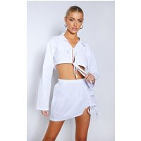White Woven Ruched Front Detail Cropped Collared Shirt | PrettyLittleThing IE