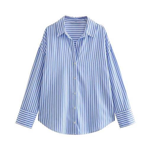 Womens Fashion Womens Casual Striped Long Sleeve Button Down Shirts Loose Fit Collared V Neck Dress Shirts Business Dressy Work Tops Blue | Amazon (US)