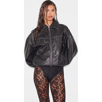 Black Worn Faux Leather Pocket Detail Oversized Longline Bomber Jacket, Black | PrettyLittleThing IE