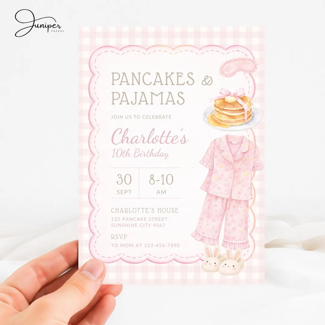 Pancake and Pajamas Birthday Invitation, Pink Gingham Breakfast Party Invite, Pancakes Birthday C... | Etsy (US)
