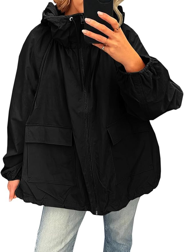 Fisoew Womens Oversized Lightweight Jacket Hooded Trench Coat Windbreaker Waterproof Raincoat Wit... | Amazon (US)