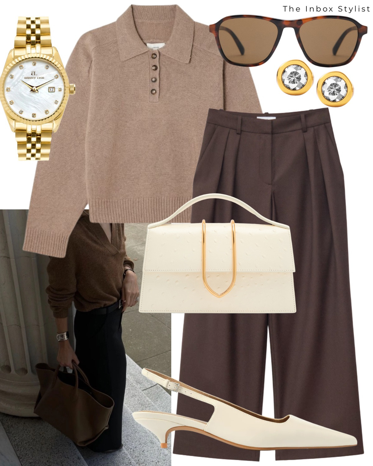 Tonal workwear. 

Including polo button up top, brown tailored trousers, white handbag, gold chan watch, brown sunglasses, diamond stud earrings, white slingback heels. 

#LTKootd #LTKWorkwear #LTKUK