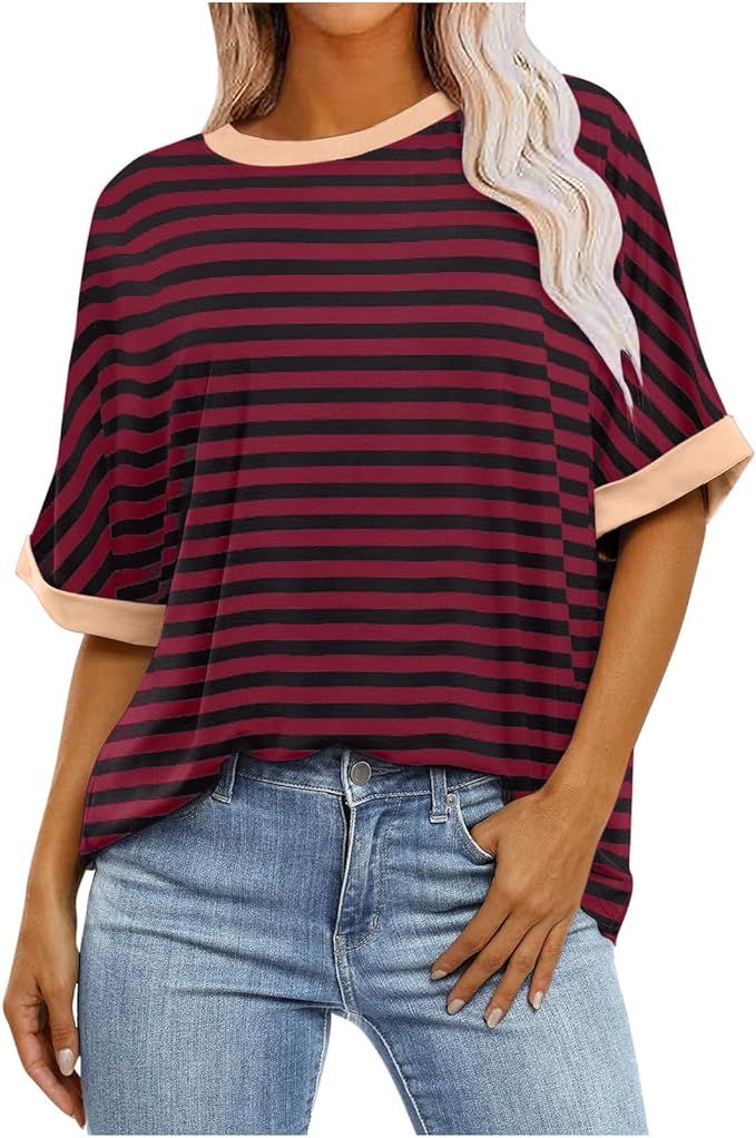 Women's Crewneck Oversized Striped Shirts Short Sleeve Summer Tops Casual Loose Basic Tee Shirts ... | Amazon (US)