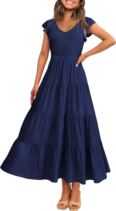 PRETTYGARDEN Women's Summer Flowy Maxi Dress Casual Cap Sleeve V Neck Smocked Beach Sundress | Amazon (US)